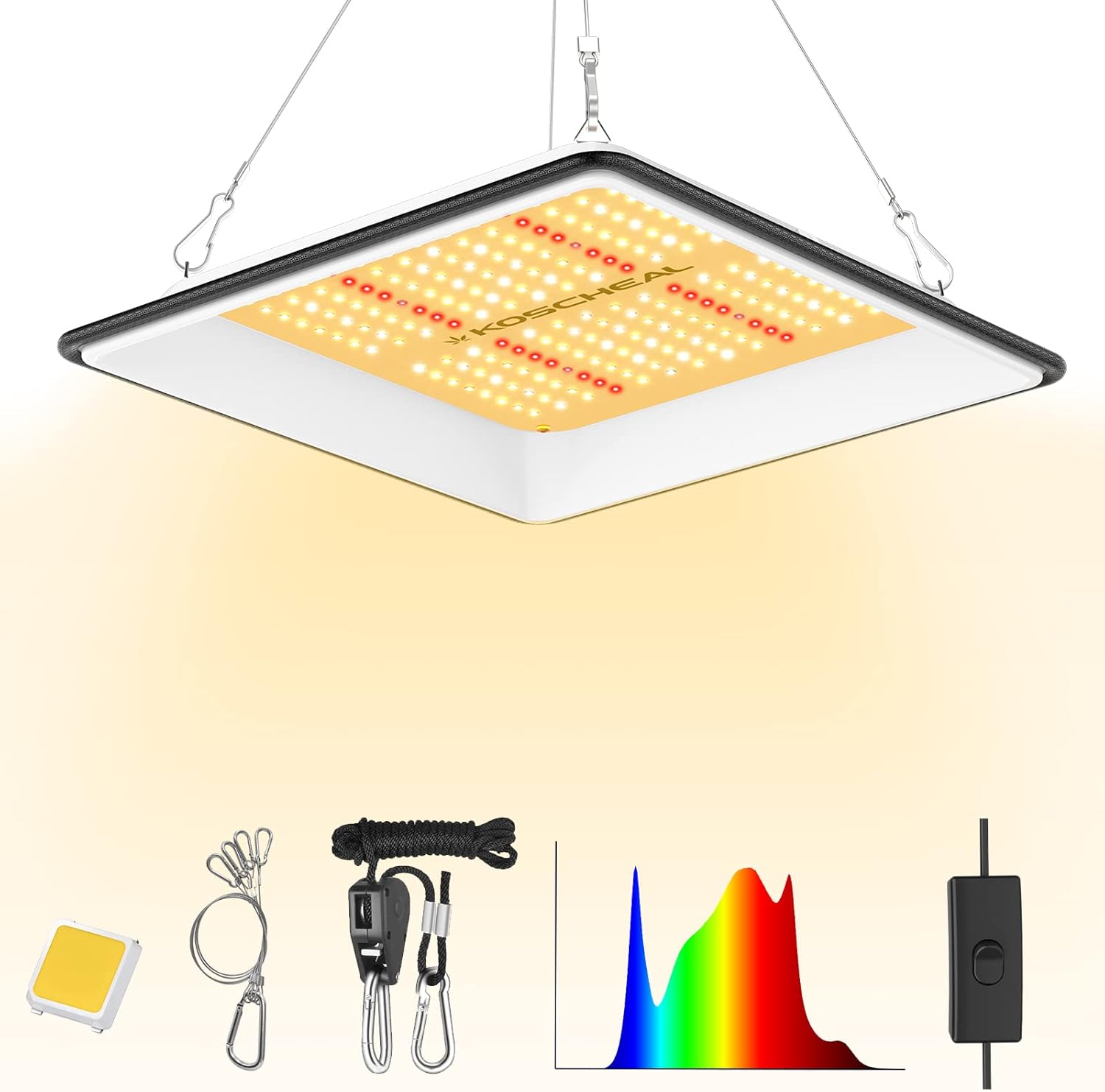 KOSCHEAL KT600 LED Grow Light Use with Yield LEDs Sunlike Full Spectrum Grow Lights for Seedlings Indoor Plants Veg and Bloom Growing Lamps for 2x2ft Coverage Output 65W±5%