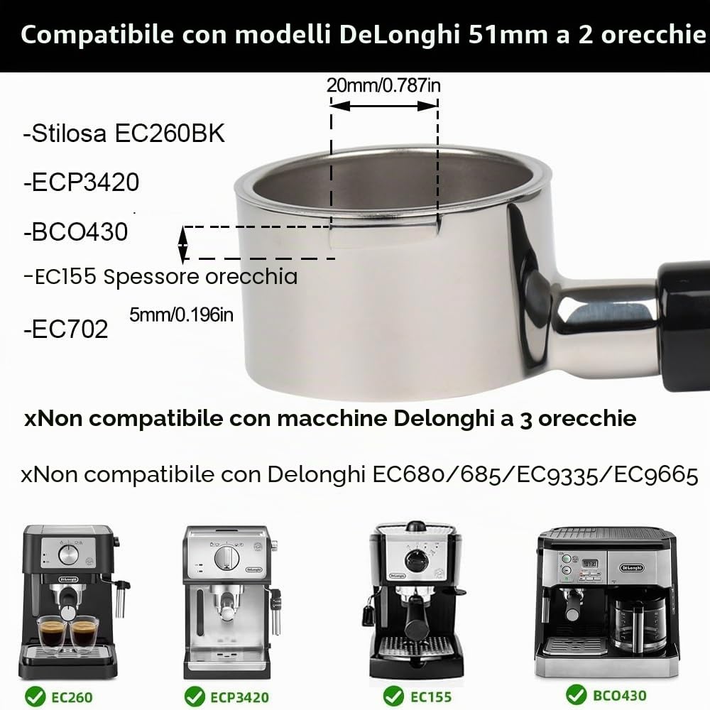 Portafiltro senza fondo da 51mm con 2 orecchie per Delonghi ECP31.21 ECP33.21 ECP35.31 ECOV311, con cestello filtro di ricambio in acciaio inossidabile