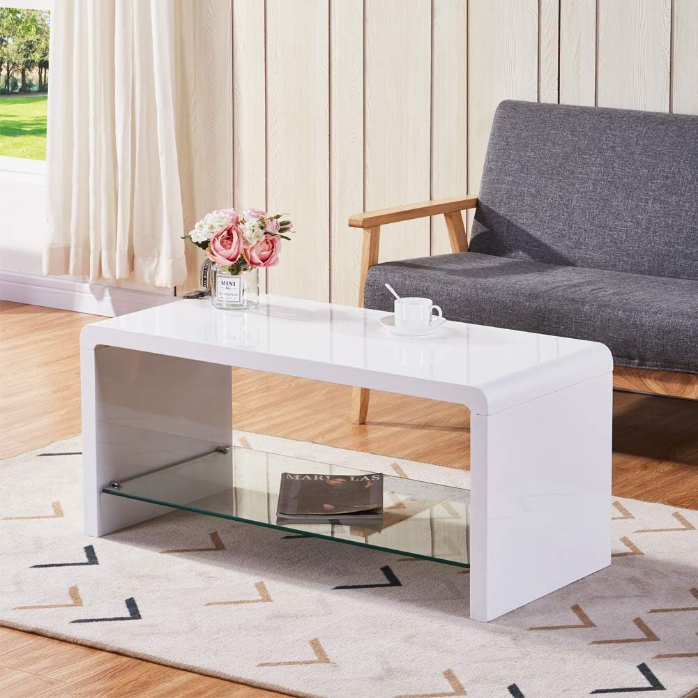 NIERN High Gloss Coffee Table with Glass Shelf, Modern Rectangle Living