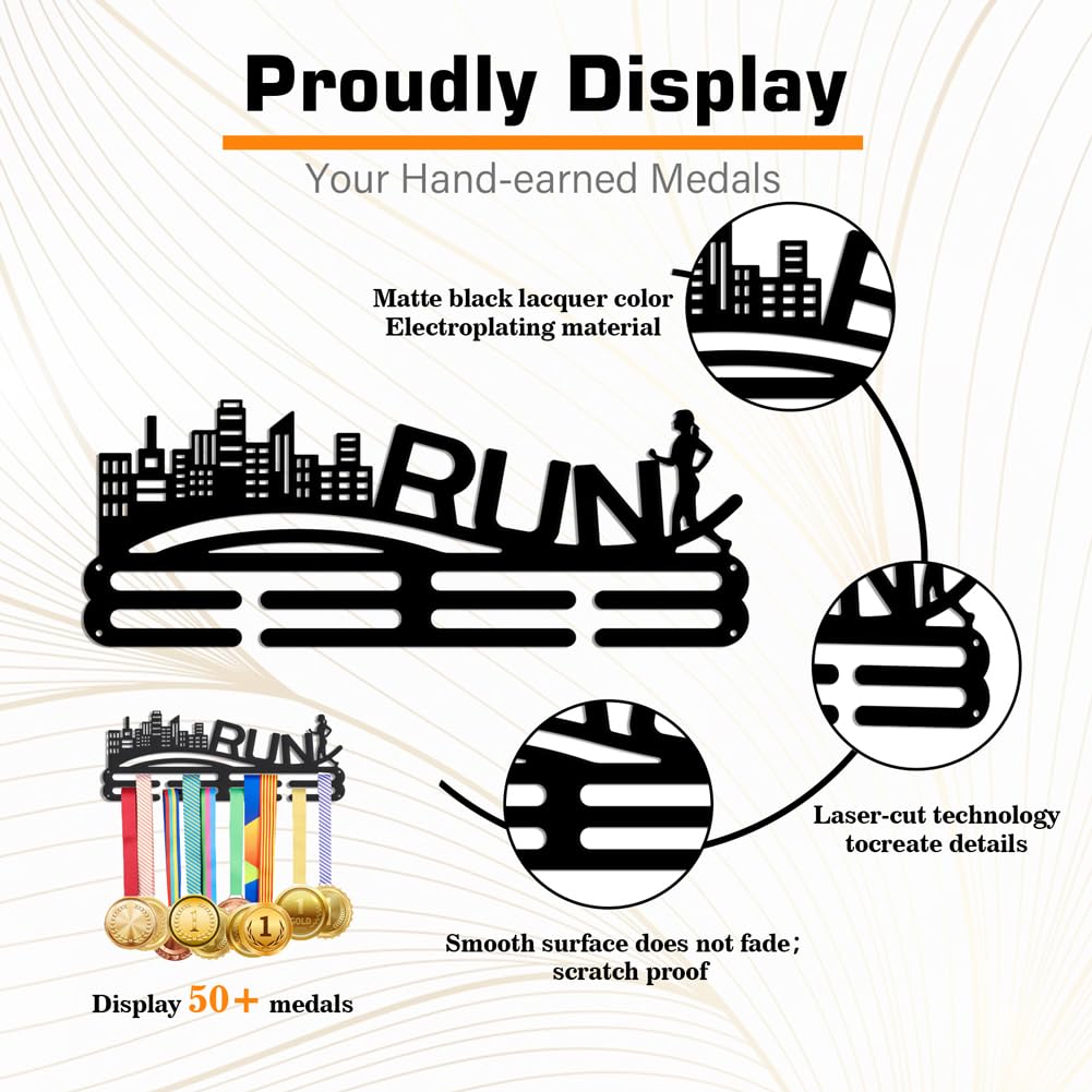 NBEADS Exhibición de Colgador de Medallas para Correr, Soporte de Pared de Metal Motivational Running Sports Medal Holder Y Lanyard Ribbon Display Holder Rack para 50+ Medallas Gran Regalo
