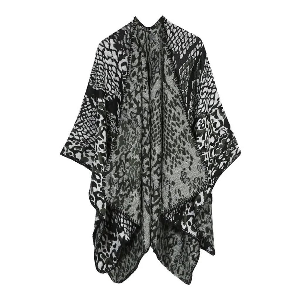 Suéter de punto para mujer, chal con estampado de leopardo, capa de otoño, poncho de calle, capas negras