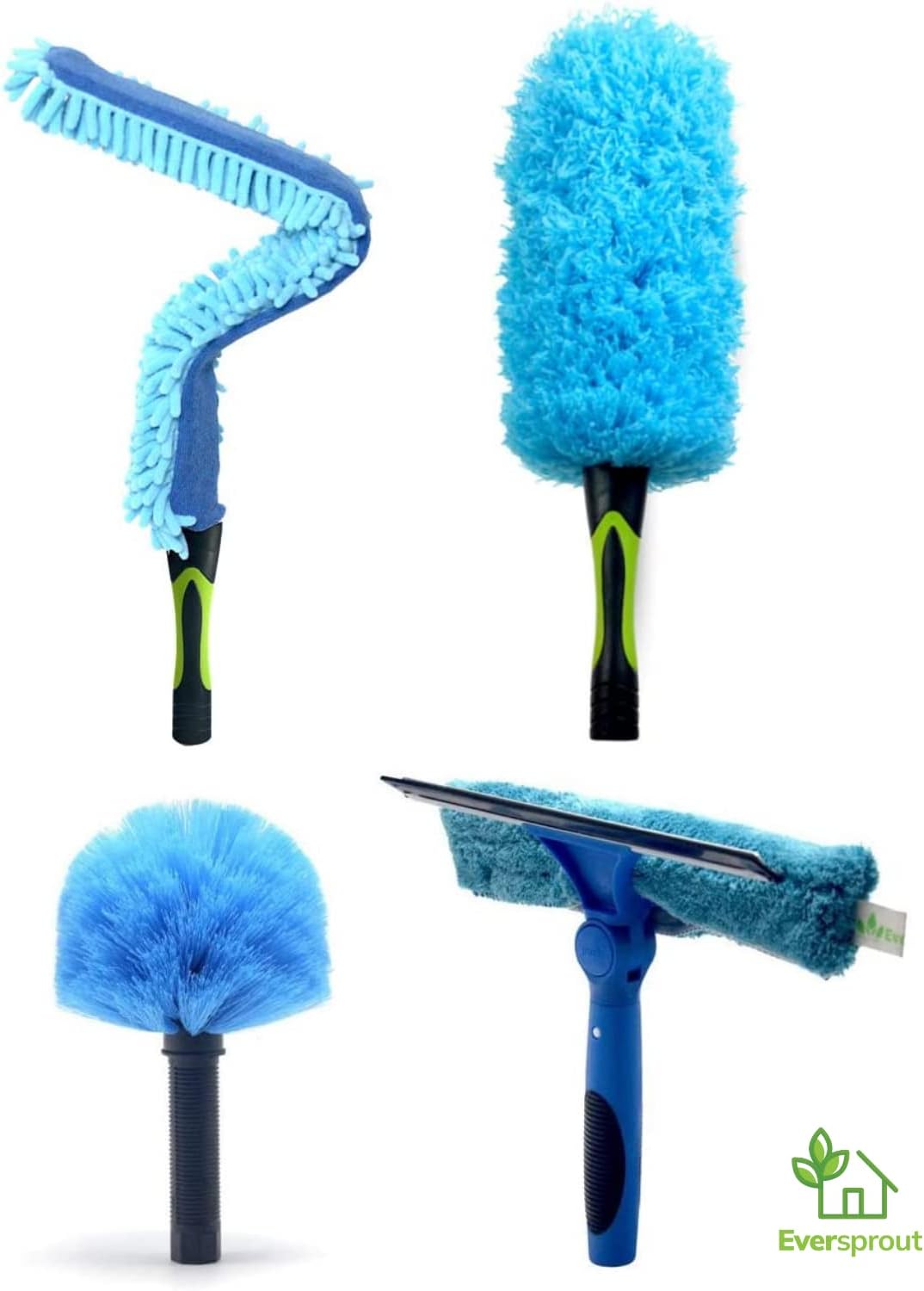 EVERSPROUT 4-Pack Duster Squeegee Kit | Swivel Squeegee, Hand-Packaged Cobweb Duster, 24'' Microfiber Duster, 24'' Flexible Ceiling Fan Duster | Twists on Standard 3/4'' Threaded Poles (no Pole)