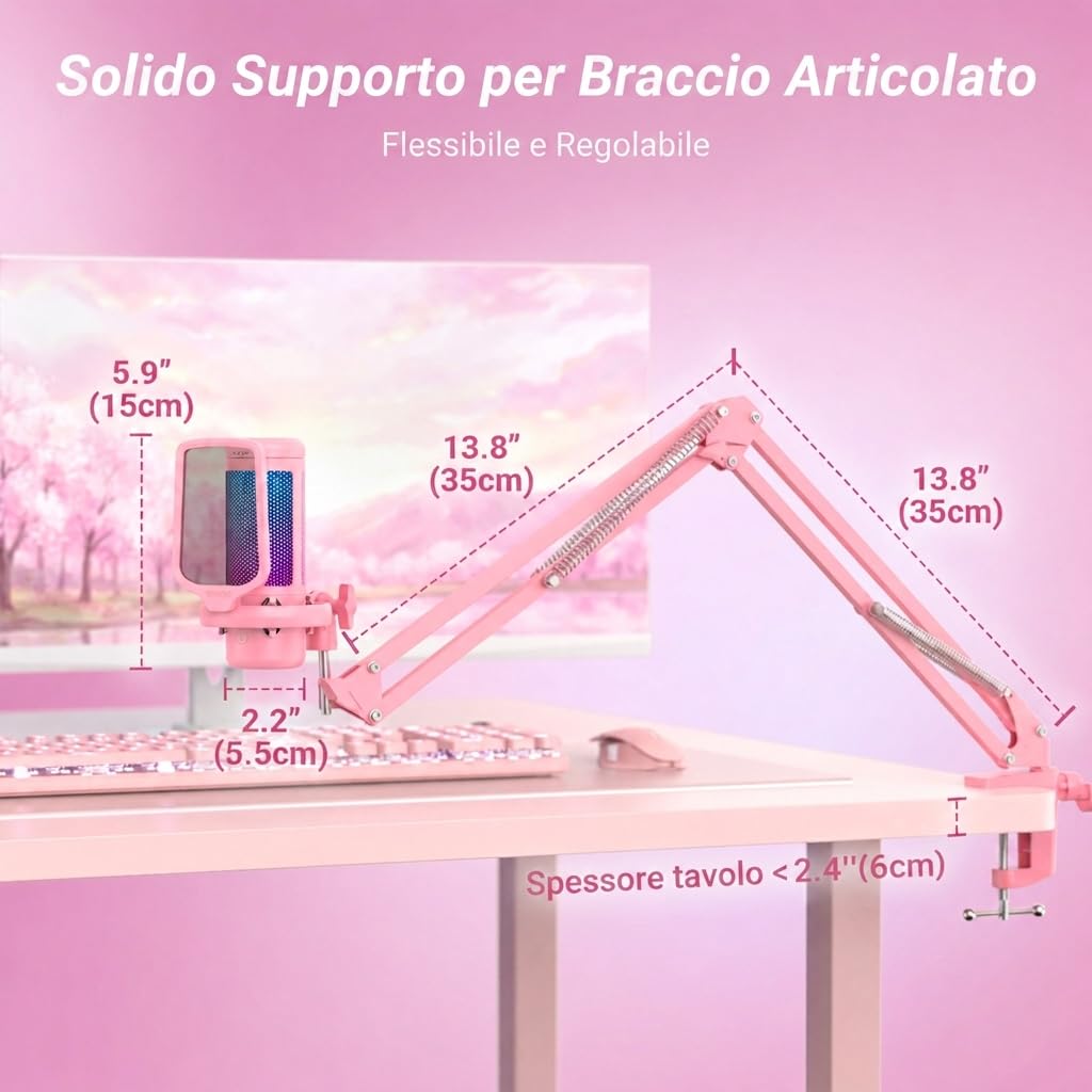 TONOR Gaming Microfono, USB Mic con Supporto per Braccio, Micro a Condensatore Cardioide con RGB e Luminosità Regolabili, Mute Rapido, Controllo del Guadagno, per Streaming, Gaming,Rosa, TC310+