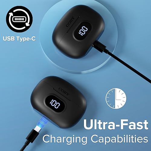 Miniatura 4 de Coby Auriculares inalámbricos con estuche de carga de lectura de batería LCD, mini auriculares intrauditivos Bluetooth con micrófono integrado,