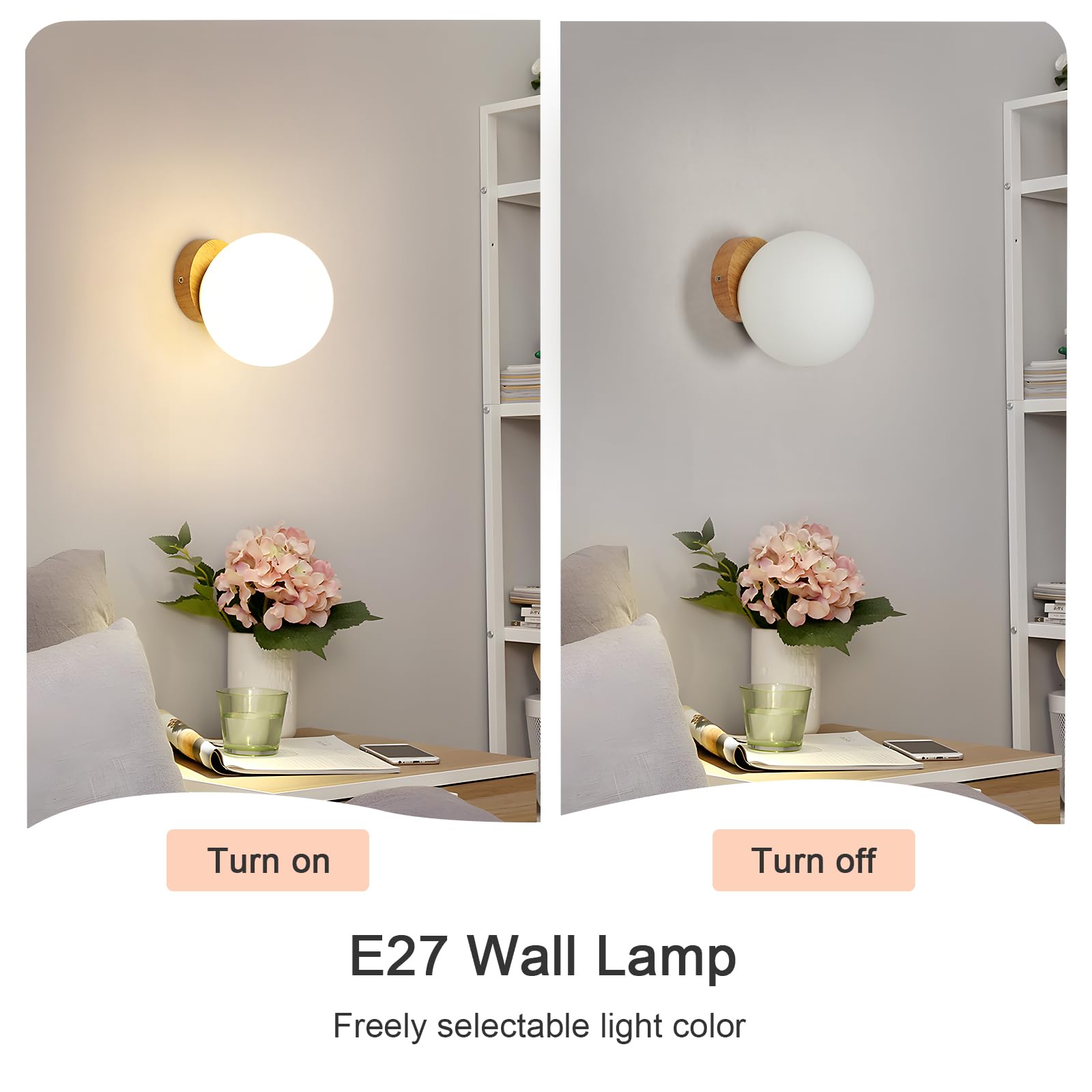 Wandleuchte Innen Holz, Vintage Wandlampe Treppenhaus E27, Runden Moderne Wandleuchte, Weiß Lampenschirm aus Glas Wandbeleuchtung für Wohnzimmer Schlafzimmer Flur, Nicht Leuchtmittel