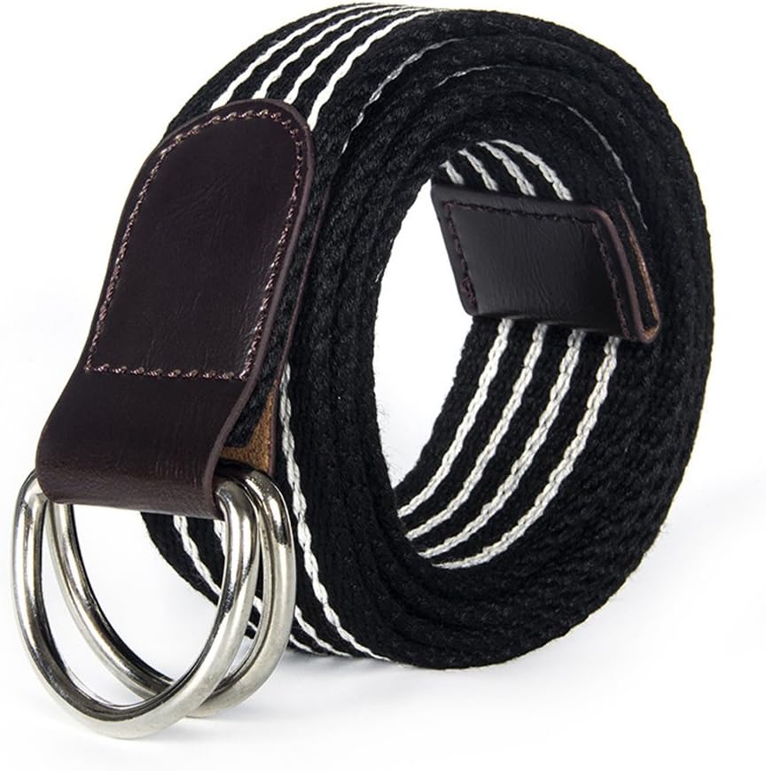 GAXmi Unisex Canvas Belt Women Men Webbing Double D-Ring Belts with Stripes Pattern for Teenagers (Black)