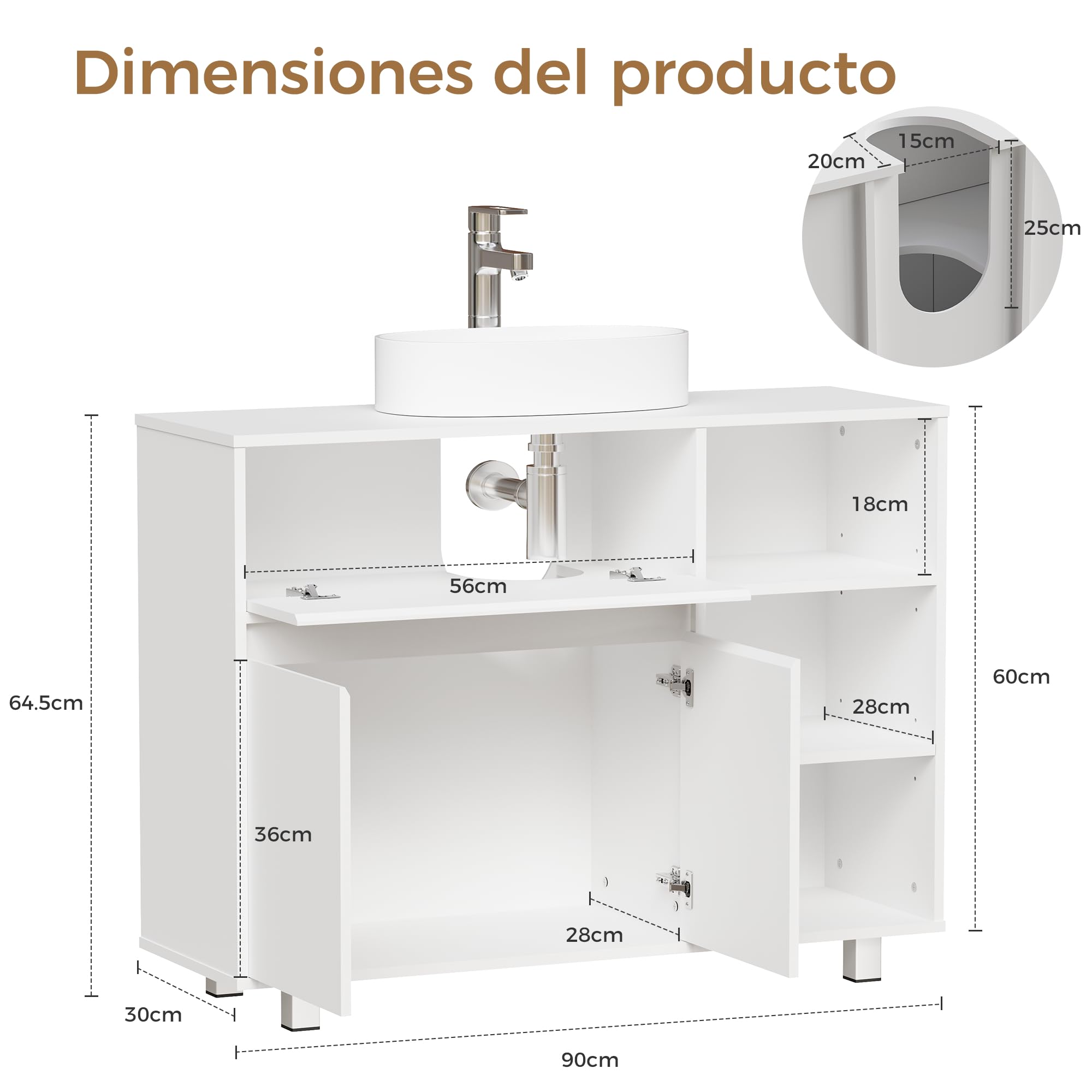 ANWBROAD Mueble Bajo Lavabo,Mueble Baño Auxiliar Armario Baño 64.5x30x90cm | Compartimento de Almacenamiento Oculto, 2 Puertas, 3 Estantes Abiertos Ajustables, Mueble bajo Lavabo con Patas Blanco