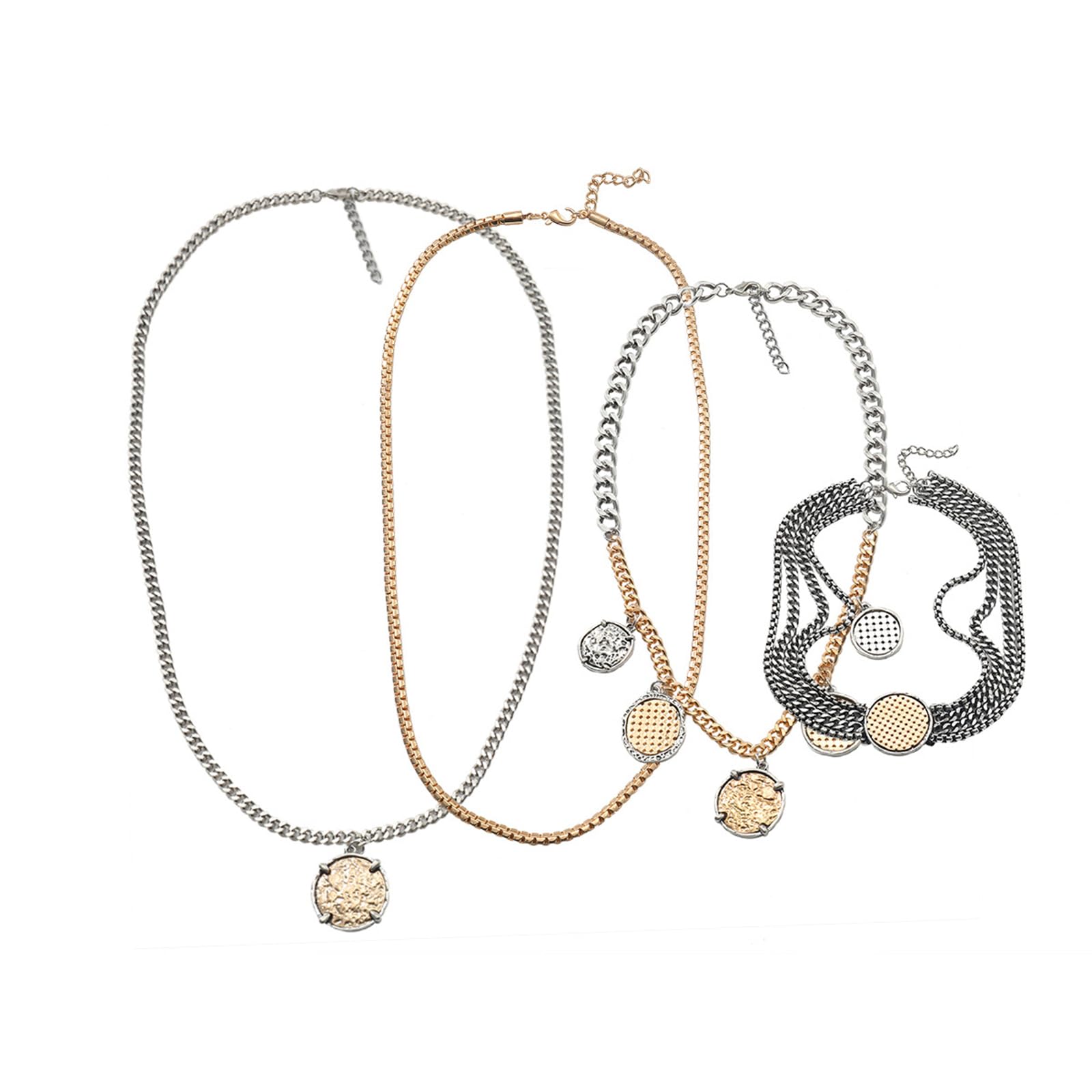 fexxkg Pack Of 4 Multi Layer Chains Punk Hip Hop Adjustable Alloy Necklace Set Unique Clavicle Chain For Women