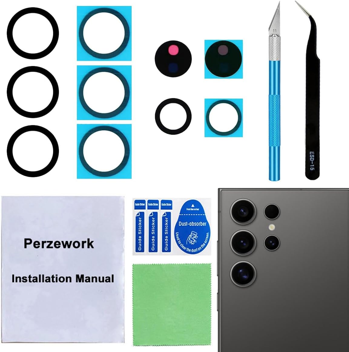 2 Sets Back Rear Camera Lens Glass Replacement Compatible with Samsung Galaxy S24 Ultra 6.8- inches with pre-Installed Adhesive and Reparing Toolkit