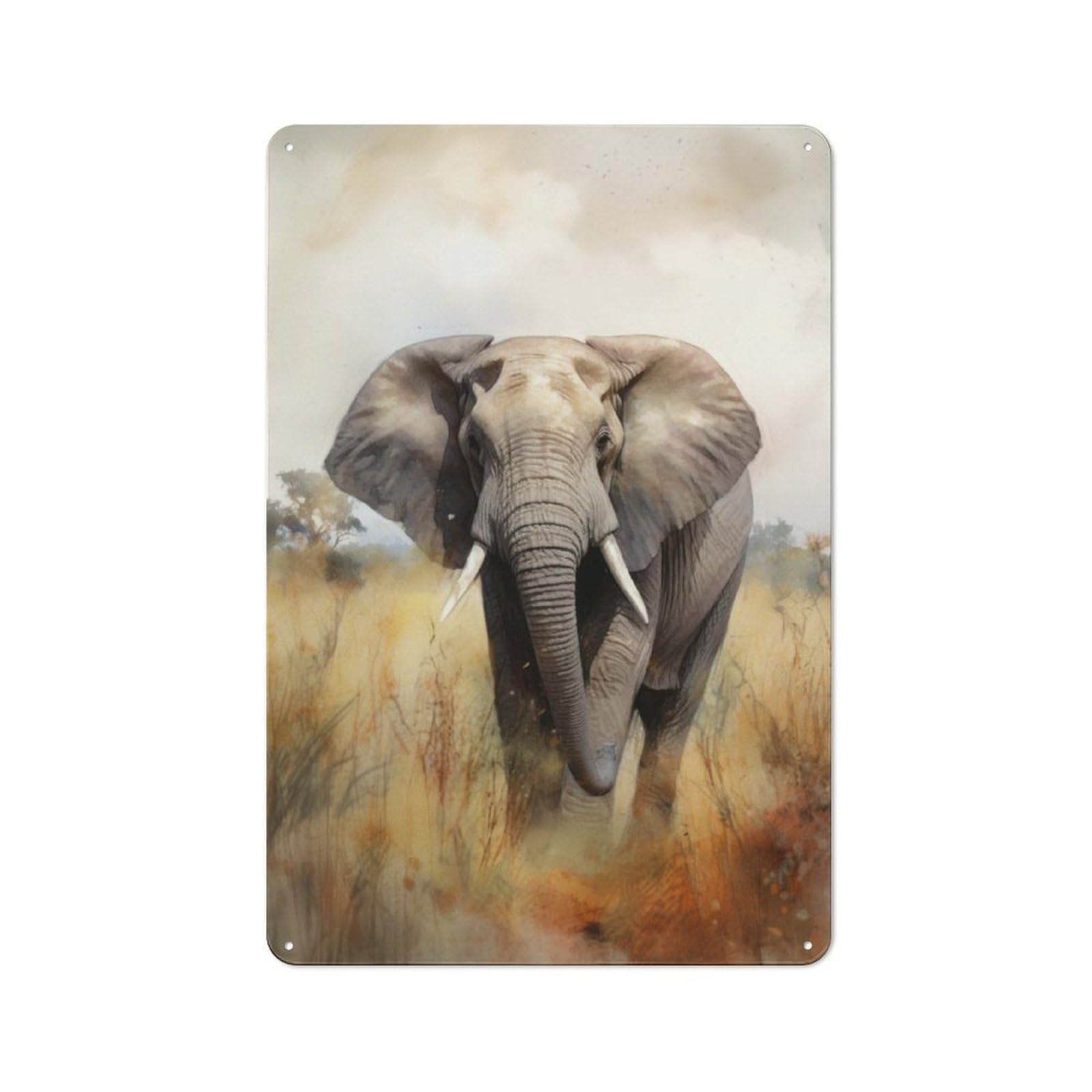 Junmoney Elephant In Savanna Watercolor Metal Wall Sign 30X20cm Featuring For Living Room Wall, A Decorative Gift For A Newly Furnished Living Room