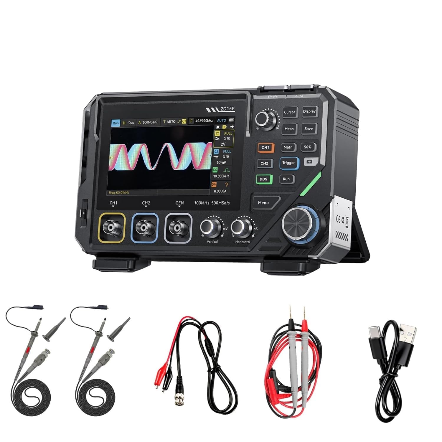 2D15P Osciloscopio Digital de 100 MHz, 3 en 1 Multímetro/Generador de Señales DDS/Osciloscopio, 2 Canales, Multímetro de 4,5 dígitos, 19’999 TRMS, Muestreo de 500MS/s, Pantalla Táctil de 4,3"