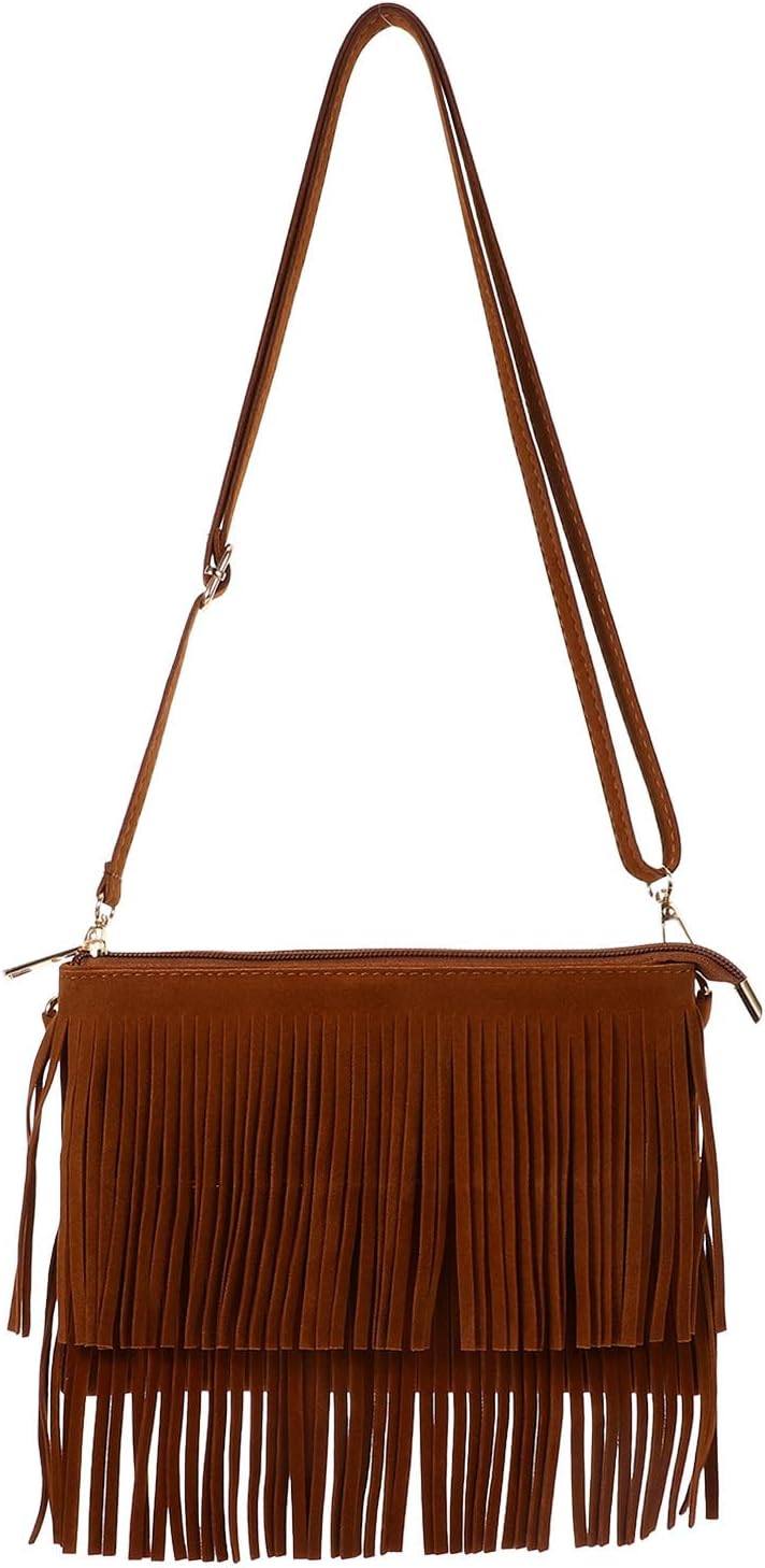 Amosfun Vintage Tassel Crossbody Bag 9.84X6.69X0.39In Brown Retro Saddle Bag with Fringe Shoulder Purse Lightweight Women S Tote for Travel Party