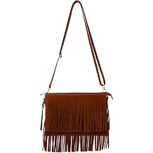 Abaodam Women Vintage Fringe Crossbody Bag Tassel Saddle Purse Bag Tan