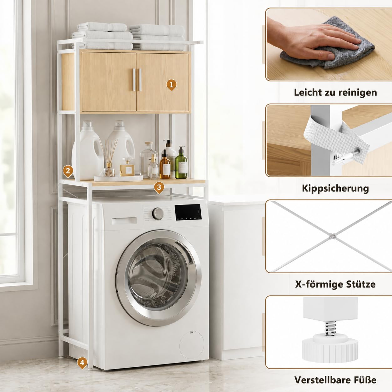 APICIZON Waschmaschinenschrank, Waschmaschinenregal mit Handtuchhalter, Toilettenregal mit Schrank Verstellbarer Ablage, 67 × 40 × 165 cm, für Badezimmer, Küche, Balkon, Natürlich & Weiß