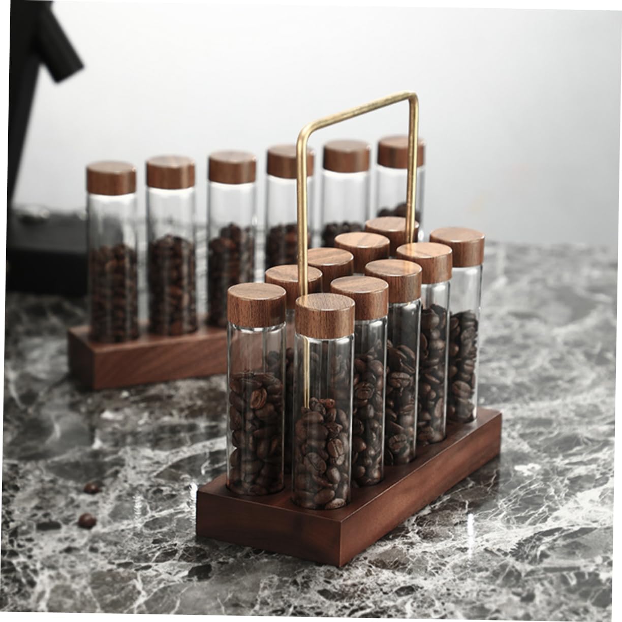 Alipis 1set Glass Coffee Bean Storage Tubes with Wood Stand Sealed Airtight Canisters for Coffee Beans with Display Rack