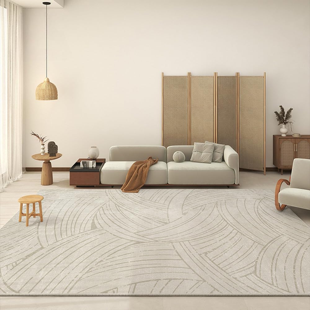 Tapis rayé japonais minimaliste gris pour réchauffer le sol d'une chambre à coucher
