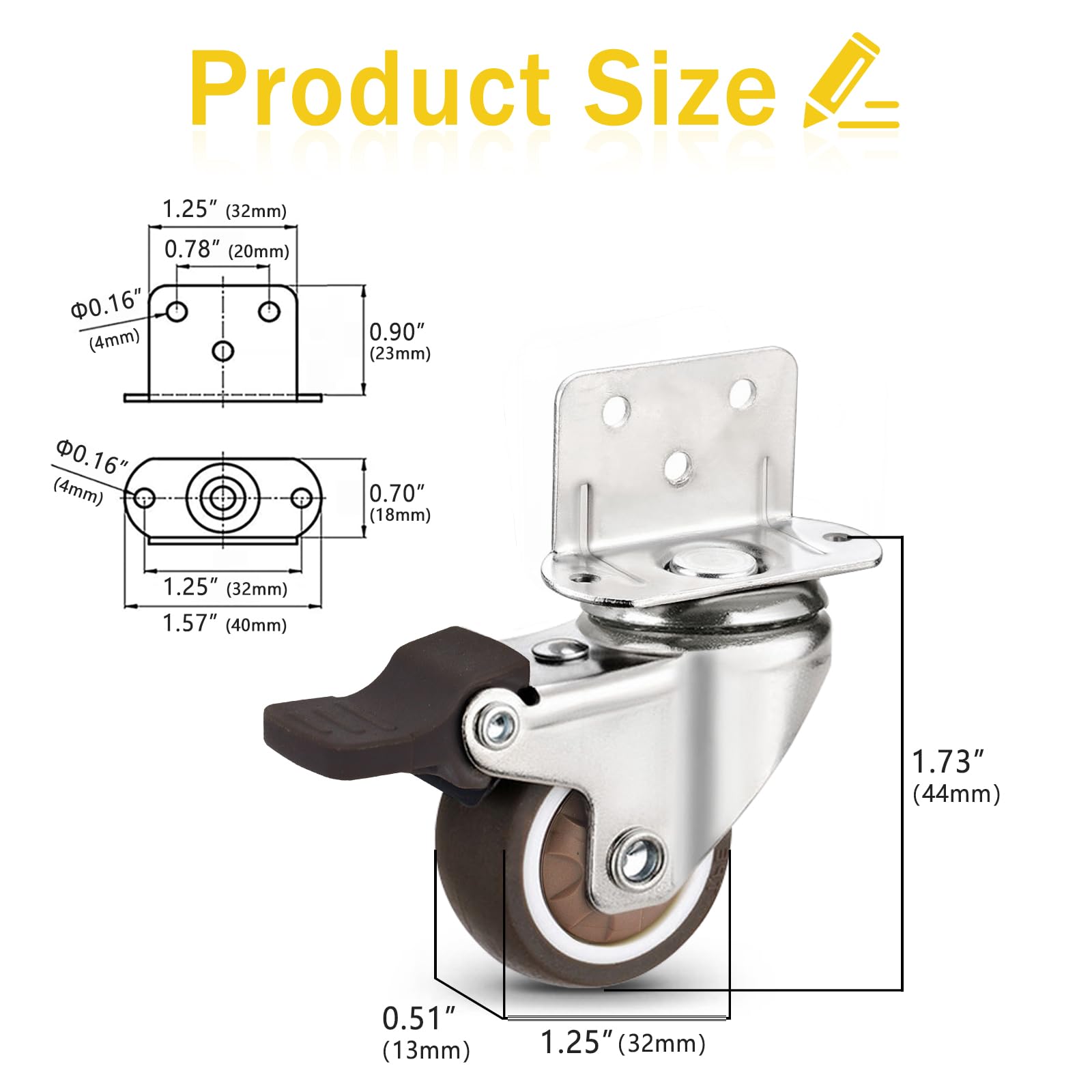 Silent and Durable Swivel Plate Caster Wheels with Brake - Small Furniture Replacement Set of 4 (1.25inch, 4brake)