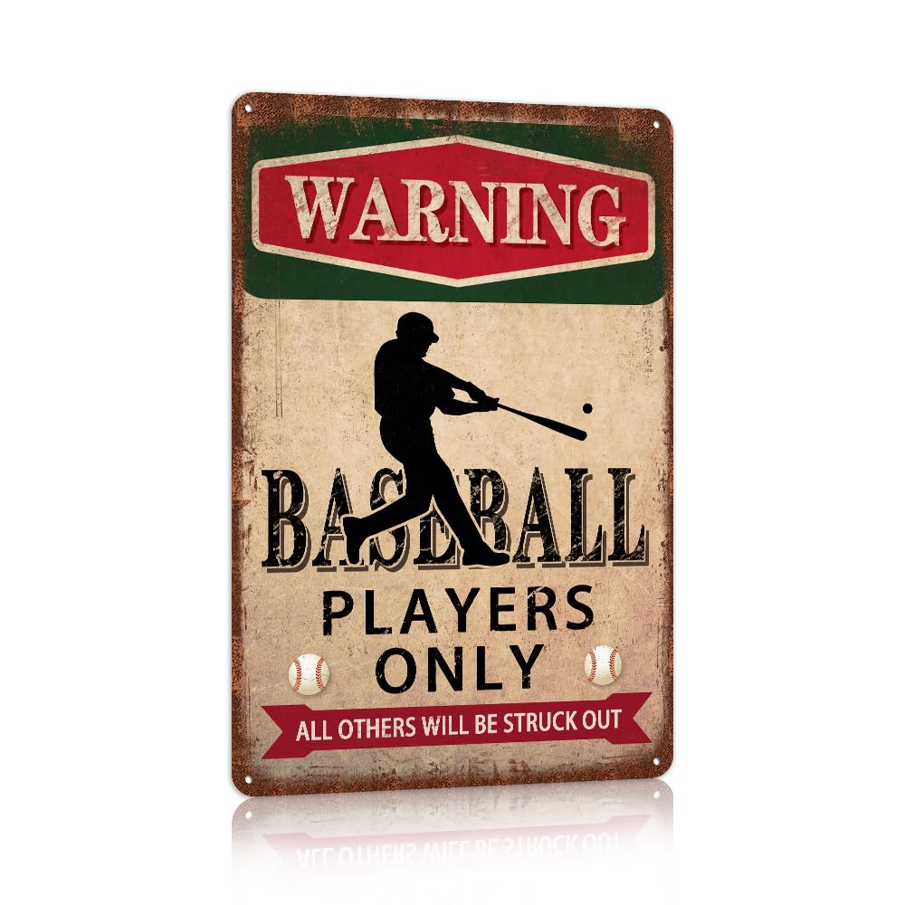 SMAZDFXX Baseball Accessories Baseball Decor For Boys Room Baseball Sports Signs Warning Baseball Players Only Metal Tin Signs 5.5"x8"