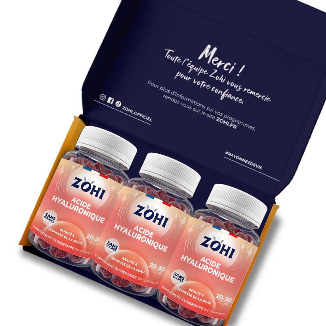 ZOHI - Coffret Compléments Alimentaires - Acide Hyaluronique - Cure de 3 Mois - 3 x 60 Gommes de Fruits Goût Framboise Pêche - 180 Gummies - Fabriqué en France