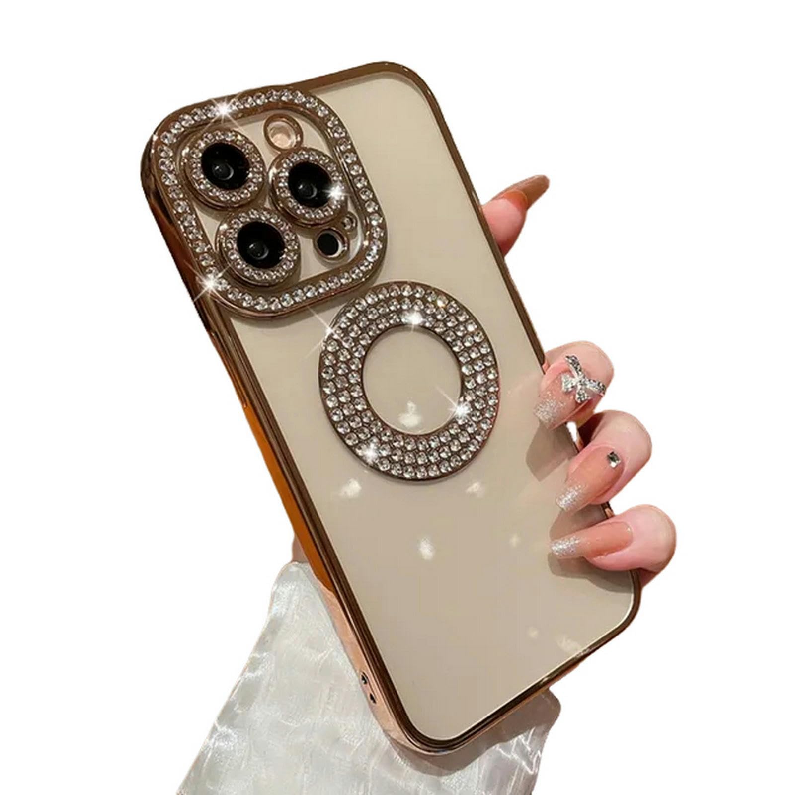 MdybFiphone Case Electroplated Transparent Case For Iphone 11 12 13 14 15 Pro Max Plus Hollow Out Glitter Bumper Soft Rhinestone Cover