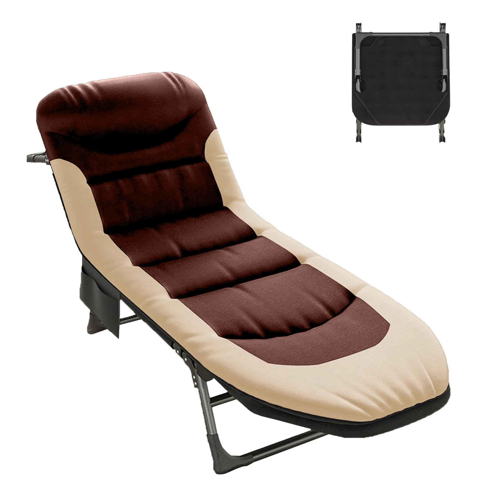 Lit de Camp Pliable, Dossier RéGlable 6 Positions, Lit de Camping Adulte,Matelas et Poche LatéRale Inclus, Supporte Jusqu'à 150 Kg, Idéal pour La PêChe, Le Camping et Le Jardin. (Marron)