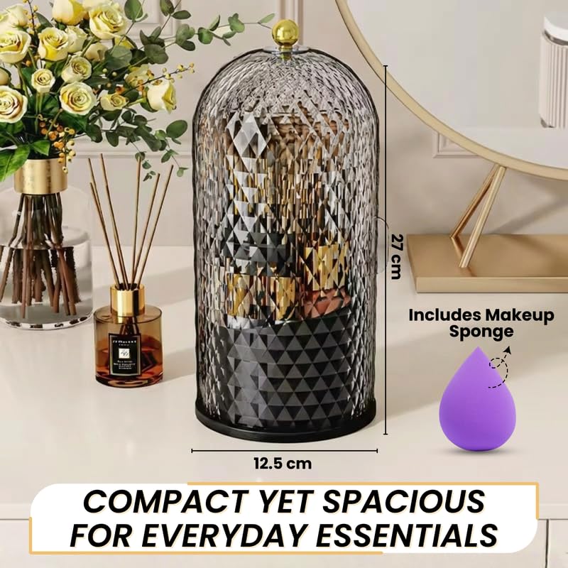 Image of OCEANEVO Cosmetic Makeup Brush Holder with Makeup Sponge, Dustproof Makeup Brush Organiser Stand with 360 Rotatable Lid - 12.5 x 27 Cm - Black - Diamond Pattern - 1 Year Warranty