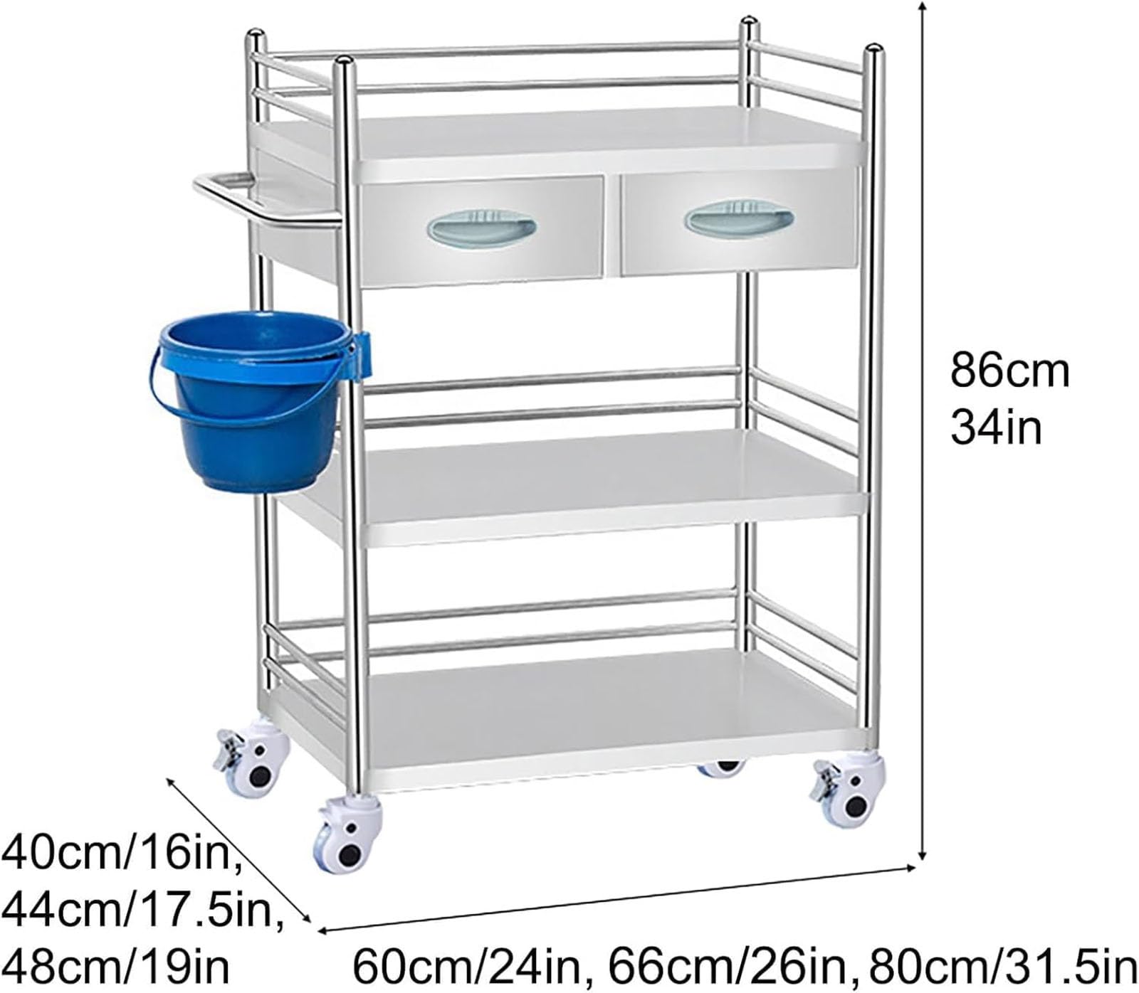 Carro médico, Carro de Laboratorio con Ruedas de Acero Inoxidable de Tres estantes, con Ruedas silenciosas bloqueables de 360° y cajón, Ideal para Laboratorios, clínicas dentales(66 * 44 * 86cm)