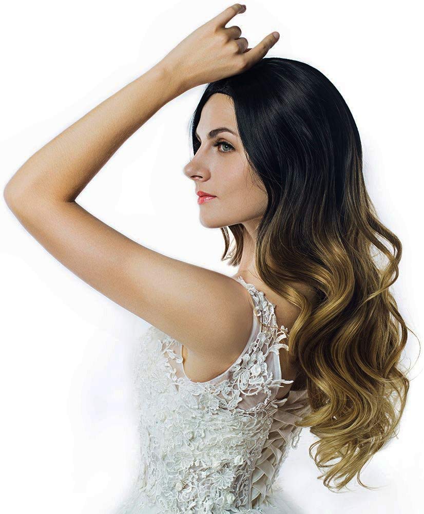 Ombre Blonde Wig Black to Light Brown Side Part Long Wavy Wig Heat Resistant Synthetic Hair Full Wigs Mixed Colors Sexy Hair Style Daily Party Wig for Women