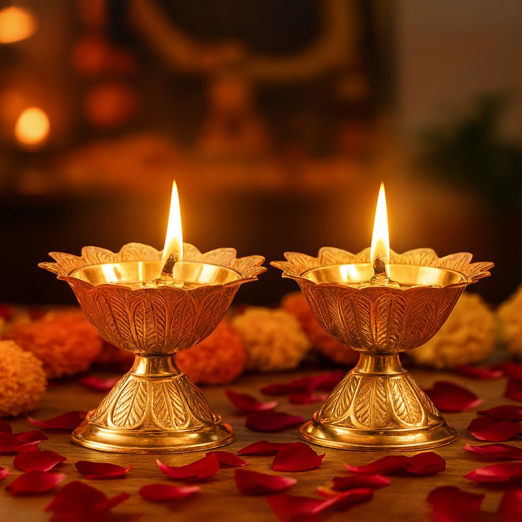 The Divine Tales Kuber Diya for Pooja Room Temple Decor Golden Pure Brass Diya Engraved Design Deepak for Diwali, Navratri, Housewarming, Festive Home Office Puja, Gift for Spiritual Decor (2)