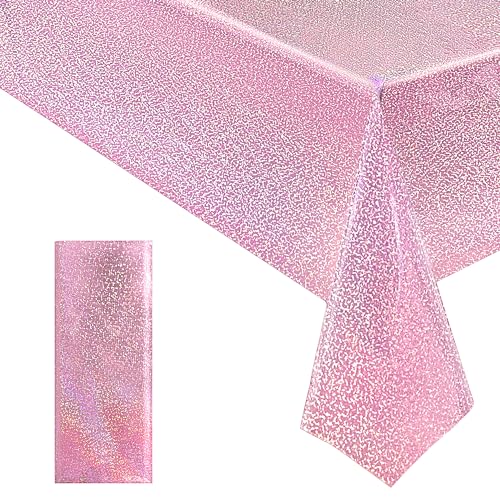 Image of Just Shimmer Light Pink Holographic Tablecloth 40 x 108, 1 Pack Iridescent Shiny Plastic Table Cover for Girls Birthday, Baby Shower, Bridal Shower, Princess and Bachelorette Party Decorations