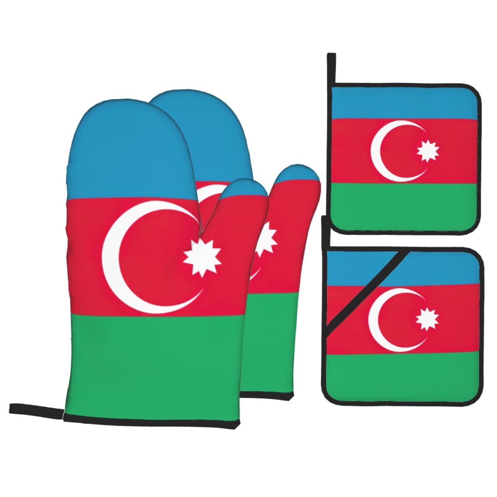 Flag of Azerbaijan Print Oven Microwaving Waterproof Kitchen Gloves for Baking Grilling Holiday Cooking