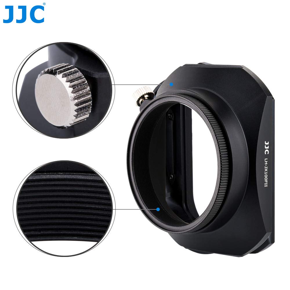 JJC Parasol cuadrado de metal con tapa de capucha para Fujifilm X100 Series y X70 | Capucha reversible de aluminio anodizado negro con tapa de lente deslizante, se adapta a filtro de 49 mm de diámetro