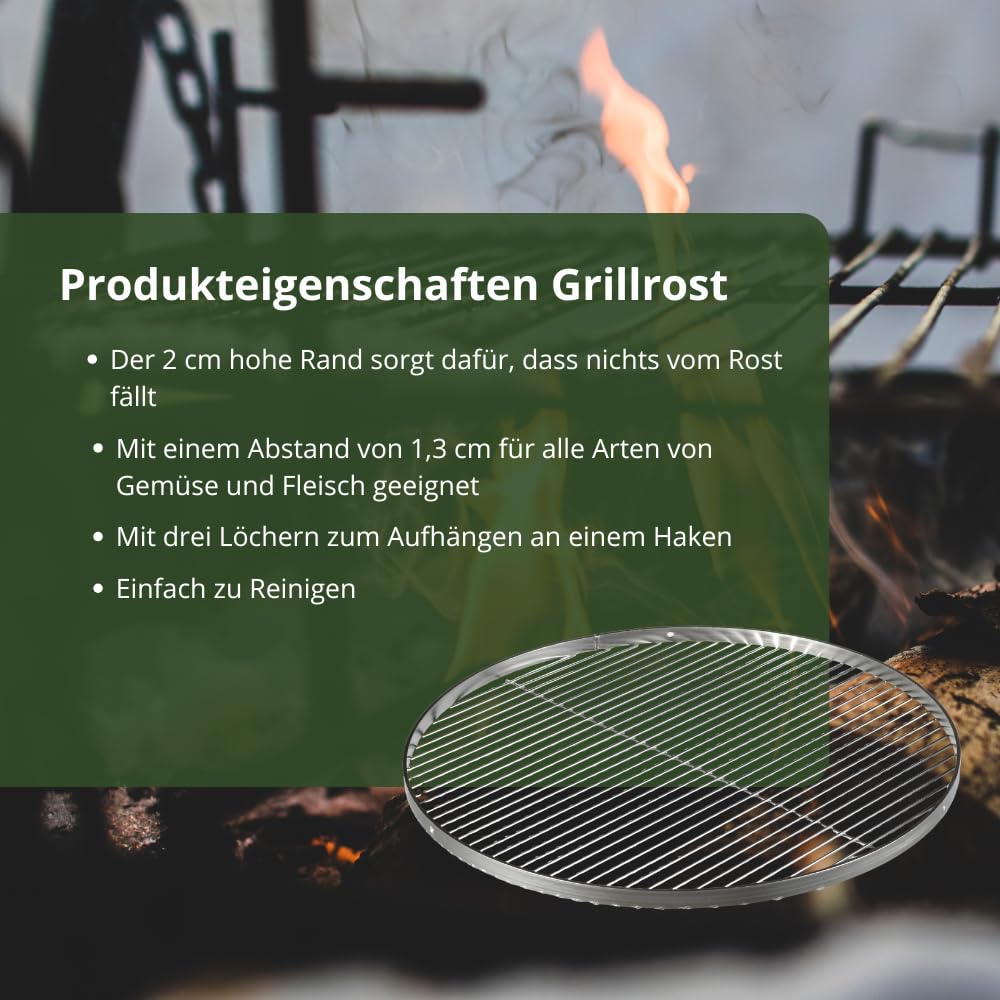HeRo24 Dreibein Schwenkgrill T-180 stufenlos höhenverstellbar inkl. 80 cm Edelstahl Grillrost mit 2 cm Rand 4 mm Stäbe, Stababstand 13 mm 2 Mittelstäbe für Feuerstelle & Camping