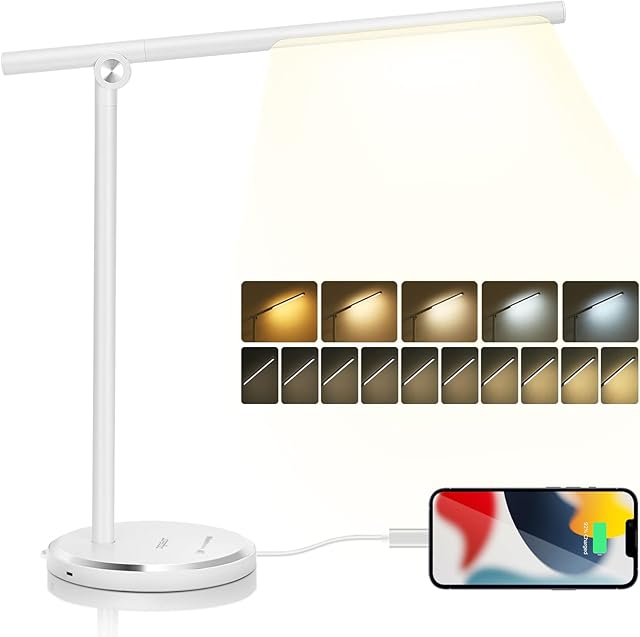 Aigostar Desk Lamps, Dimmable Daylight Lamps, Super Bright 8W Touch Control Desktop Task Light, 10 Brightness, 5 Light Modes, Eye Caring Study Lamp with USB Charging Port for Working, Office, Reading