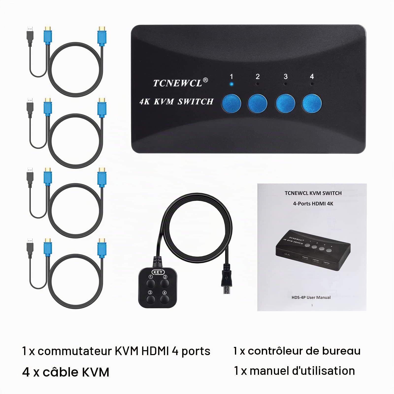 TCNEWCL 4K Commutateur KVM Switch 4 Port, Switch KVM HDMI USB pour brancher max 4 PC sur 1 Écran et 3 Périphériques USB, avec Contrôleur de bureau et 4 Câbles KVM 2-en-1