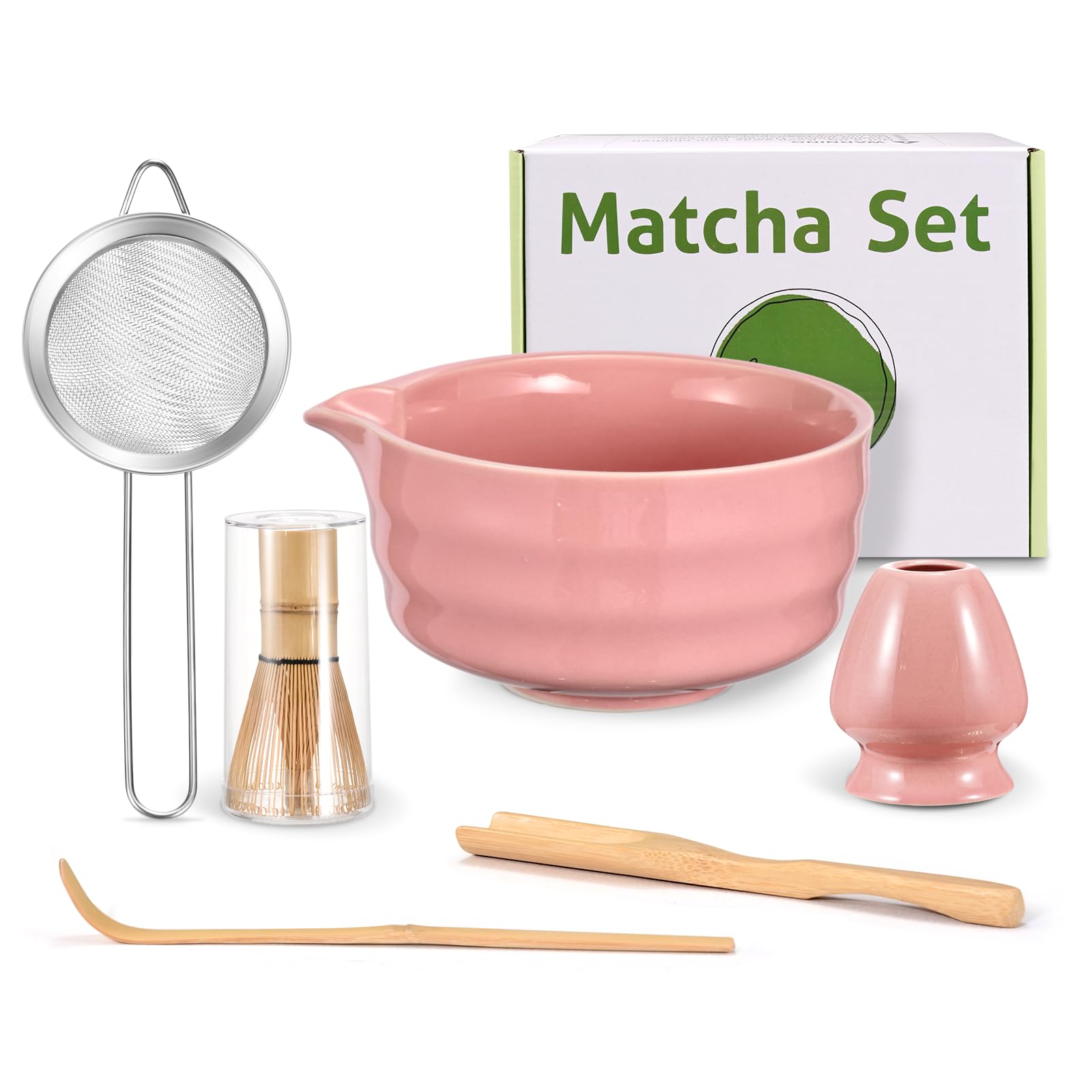 Ouxayapl Matcha Set, Matcha Besen, Matcha Schale mit Ausgießer, Filtersieb, Besenhalter aus Keramik und Löffel, 6er-Set Matcha Tee Set für Tee-Liebhaber&Einsteiger (Rosa)