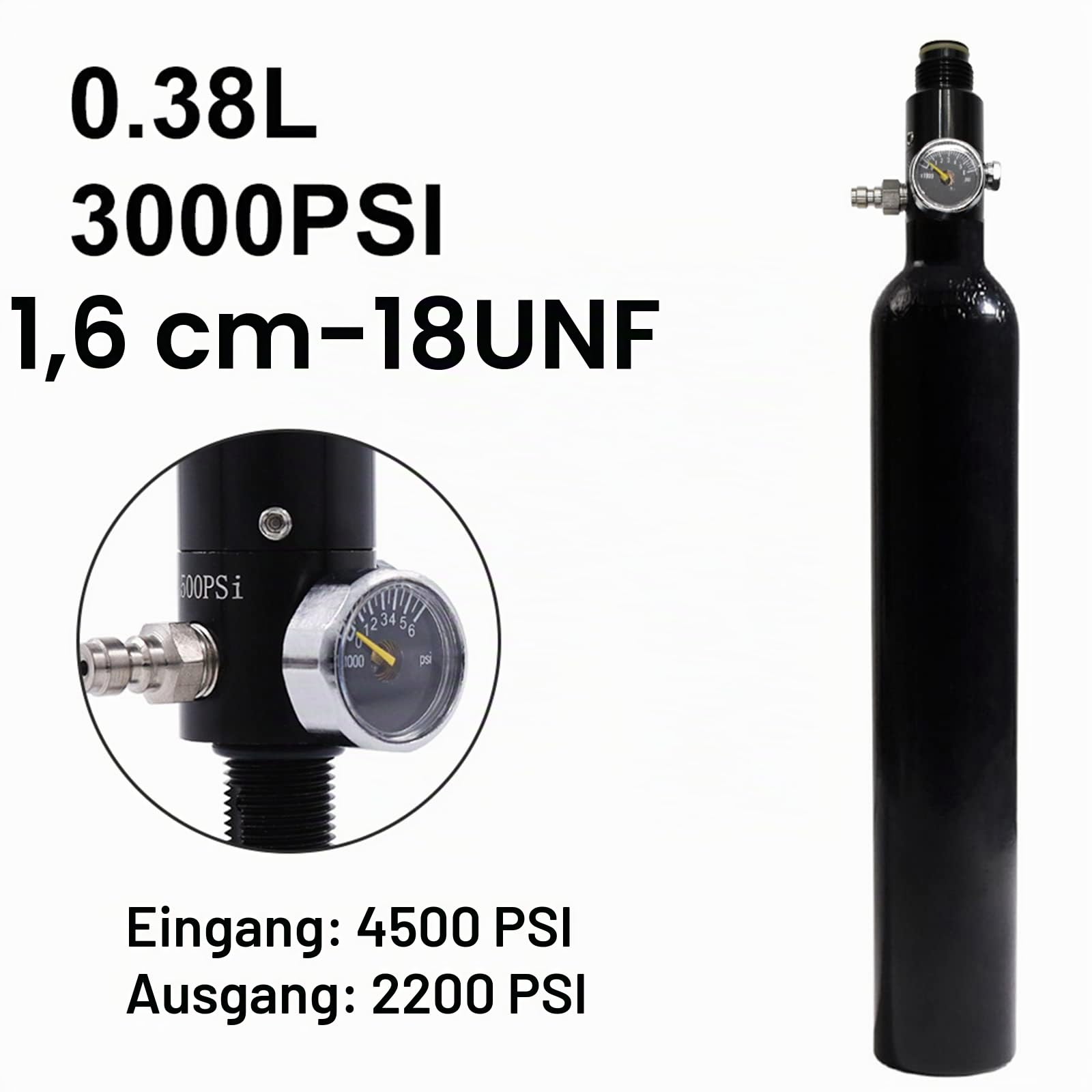 TUXING 4500 psi PCP Paintball-Tank 0,38 l 4500 psi CE-geprüfter Aluminiumzylinder mit Paintball-Reglerventil Reglermanometer Ausgangsdruck: 2200 psi-5/8-18NUF