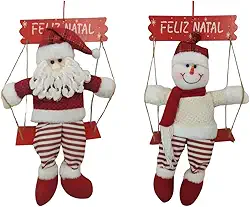 Enfeite de Natal para Porta com Placa Feliz Natal Papai Noel ou Boneco de Neve Sentado no Balanço 43cm | Guirlanda Decoração Natalina para Arvore, Porta, Jardim ou Escritorio (Papai Noel Vermelho)