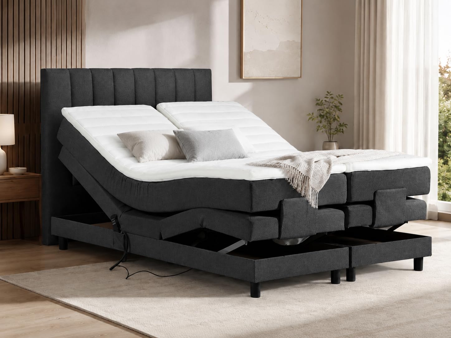 Tesla Dreams Emotion Boxspringbett 180x200 cm – Elektrisch Verstellbares Boxspringbett, 7-Zonen-Taschenfederkernmatratze H2/H3, Latex-Topper, Antracit
