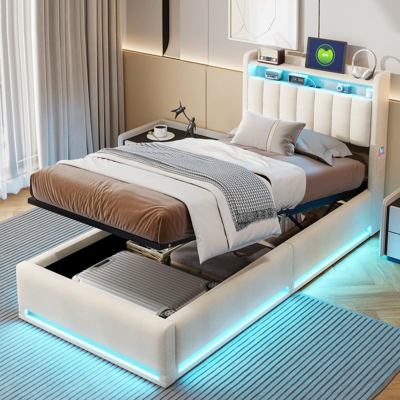 3ft Single Bed Frame with LED Lights & USB Charging Station,Velvet Beige