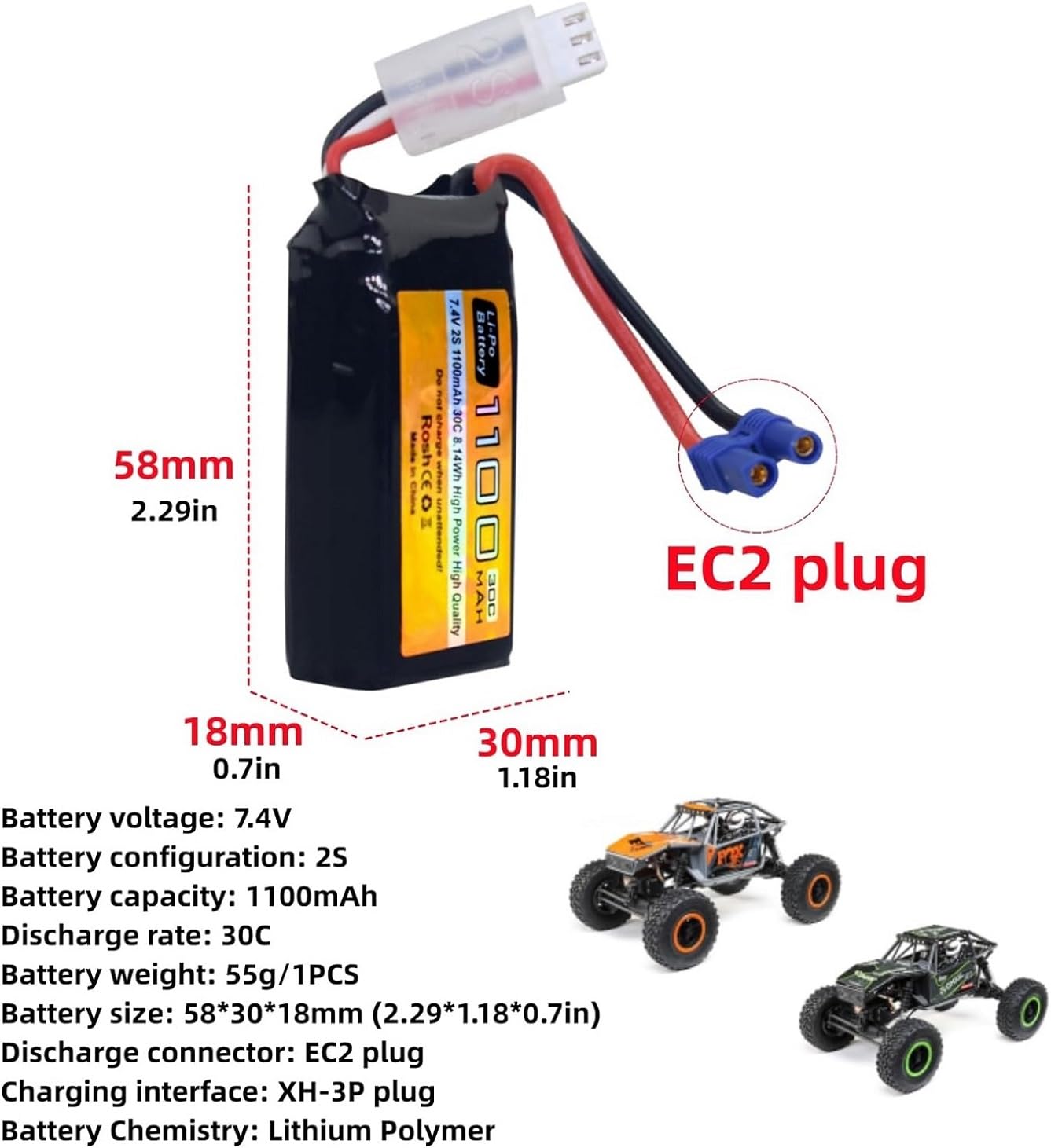 Alimentation Voiture Tout-terrain AMZZN 7.4V 1100mah 2S EC2 Plug Lipo Batterie Avec Câble De Charge USB Pour Voiture UTB18 RC, Batterie De Voiture D'escalade De Haute Performance 4drive Unlimited Tout - Terrain