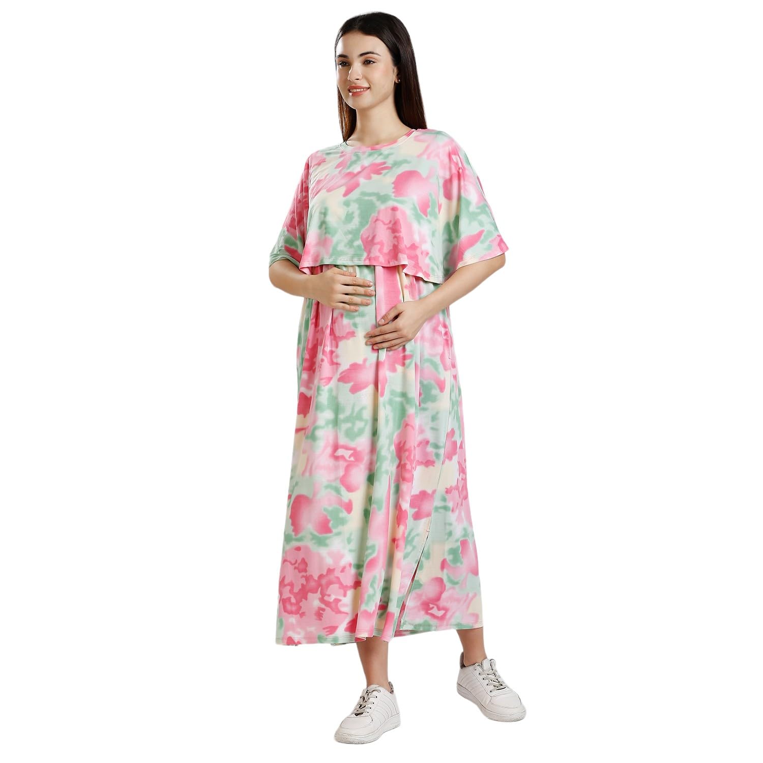 True Shape Maternity Gown for Women | Knitted Polyester Zipless Feeding Poncho Night Dress with Attached Cape, Easy Nursing & Convenient Pockets for Pre & Post Pregnancy