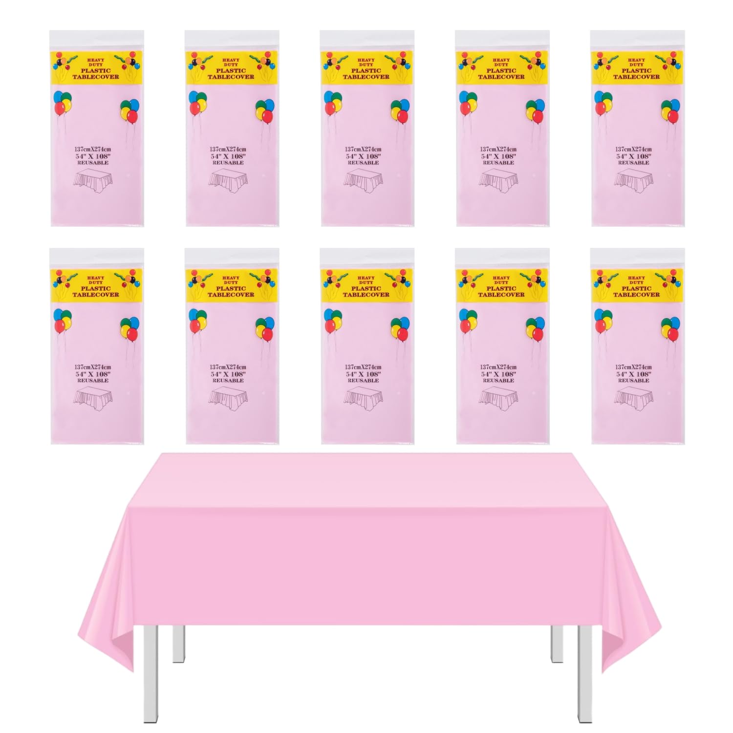 CEILIWEN 10 Packs Pink Plastic Tablecloths 274x137cm, Rectangle Table Covers for Parties Weddings, Picnics, Indoor & Outdoor Use