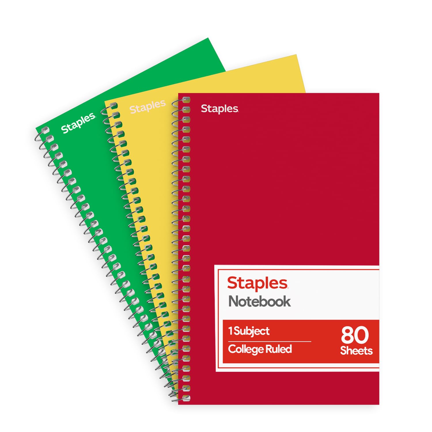 STAPLES 1‑Subject Spiral Notebook, College Ruled, 80 Sheets, Assorted Colors, 3‑Pack