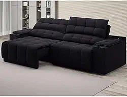 Sofá com Usb Retrátil e Reclinável Samurai Preto 2,50m