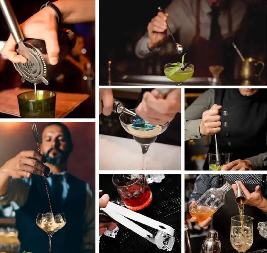 Juego de Cocktail Shaker 12 Unids/Set Coctelera Conjunto Barman Kit con Soporte Profesión De Acero Inoxidable Herramientas De Coctelería Coctelera Profesional Herramientas
