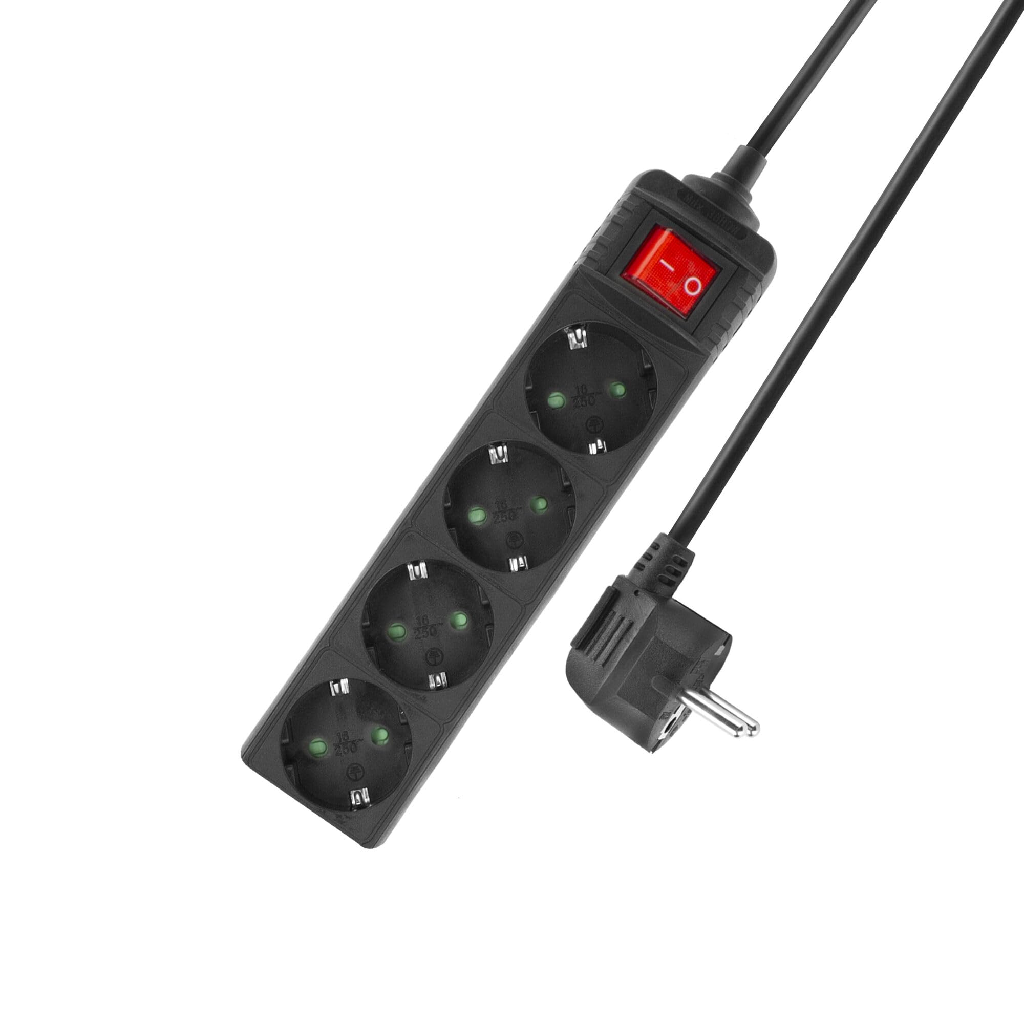 Enchufe múltiple ACT Regleta con Interruptor Iluminado, 4 Tomas, Cable de 2 m, Negro AC2440