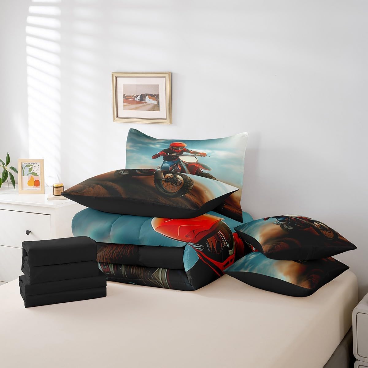 Loussiesd Motocross Rider Letto Trapuntato Extreme Sports Theme Piumino Letto Con Lenzuola 7 Pezzi 200x200cm(7-piece Set) Motocicletta Modello Lenzuola Copertura Decorazione Camera Dirt Bike Con