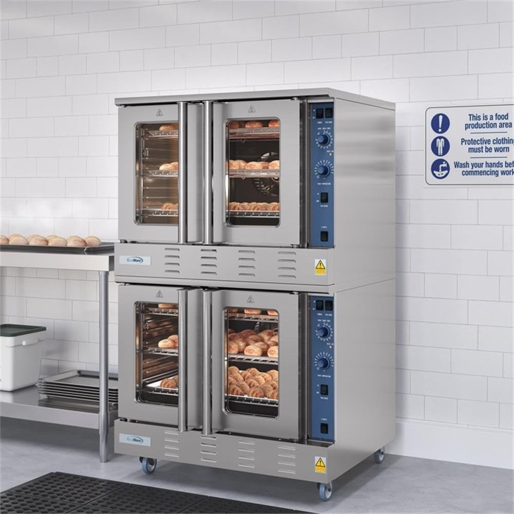 Pemberly Row 38" Double LP Convection Oven, Stainless Steel, Propane Gas, 120V with Stacking Kit, Casters, 6 Cooking Racks, Commercial Kitchen Use for Baking, Pastries, Pizza, Bread