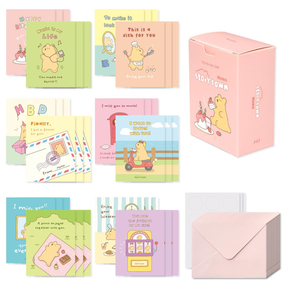 Monolike Day-by-day Card, Storytown Momo - Mix 36 Mini Single cards, 36 envelopes, 36 stickers Package